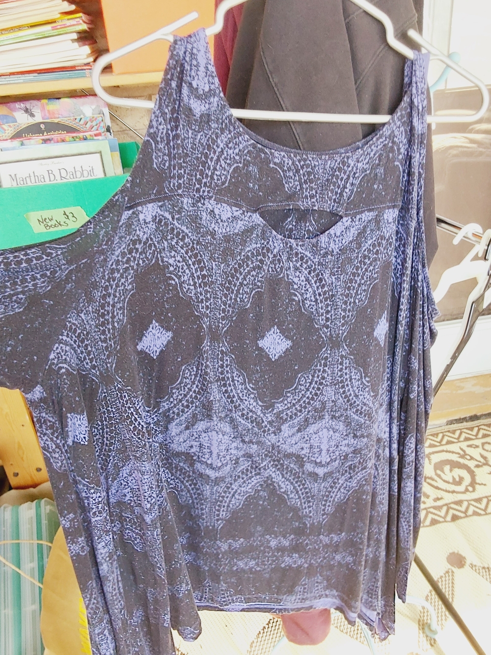 Long Sleeve Black & Blue Patterned Top With Exposed Shoulders